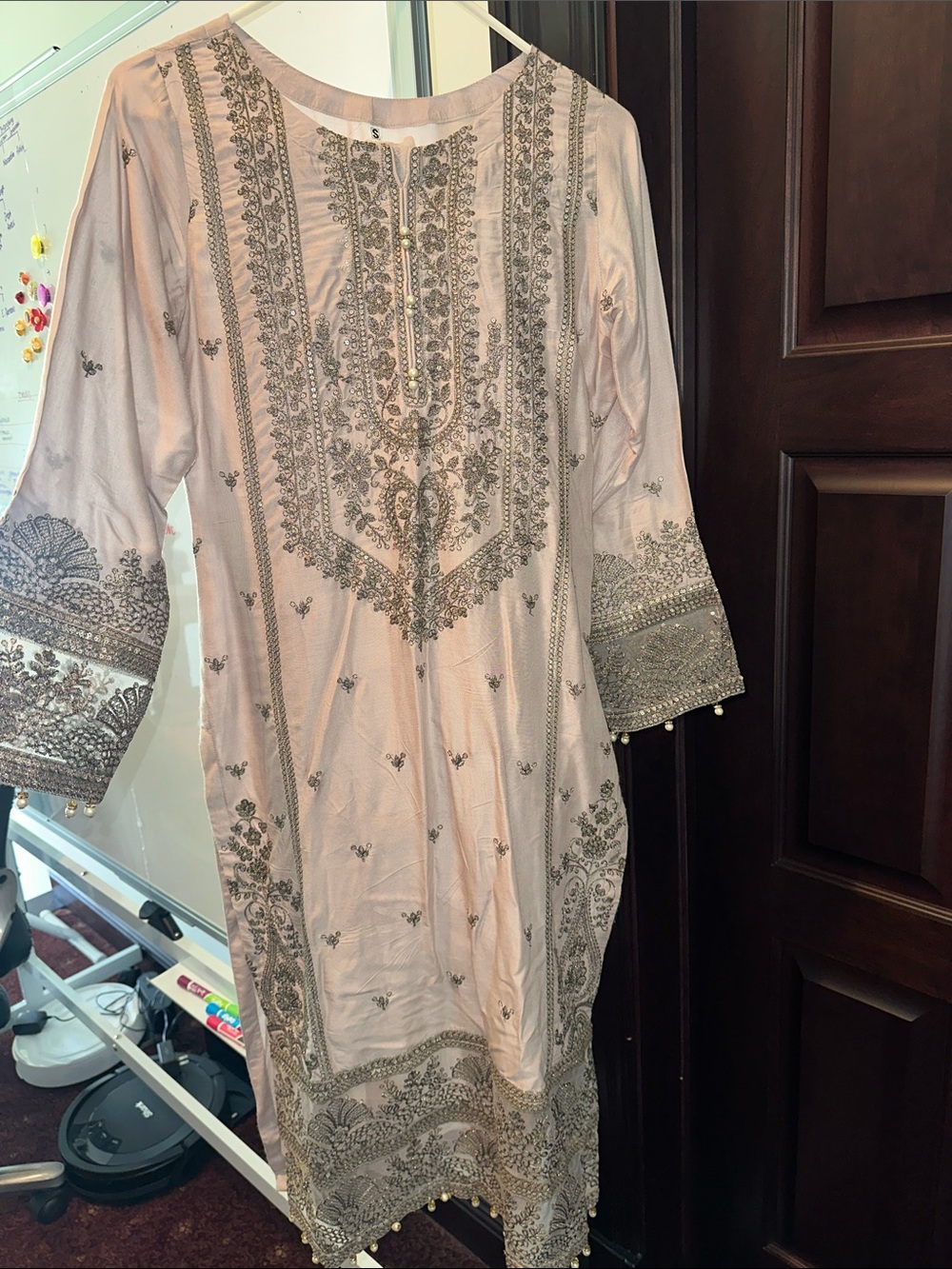 Elegant Cream/Beige 3 piece suit w Beautiful Embroidered Trim- Pakistani Kurta
